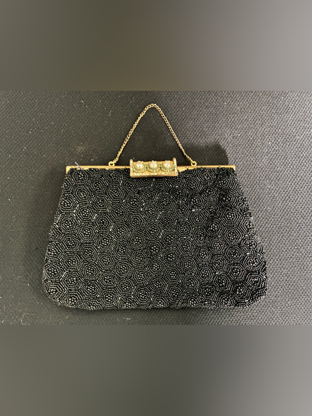 Vintage Black beaded Hexagon patterned evening bag cloth gold art deco gatsby